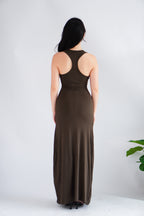 Astrid Halter Neck Bodycon Maxi Dress with Self Tied Scarf in Brown