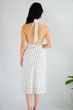 Gaelle Polkadot Self Tied Halter Neck Dress in White