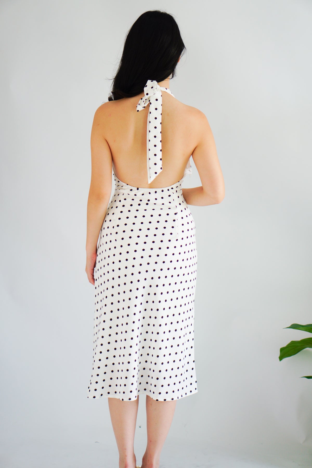 Gaelle Polkadot Self Tied Halter Neck Dress in White
