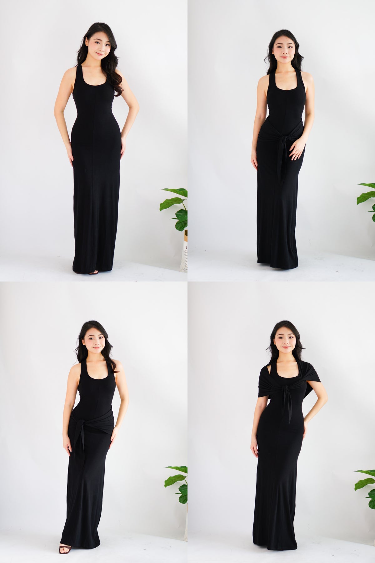 Astrid Halter Neck Bodycon Maxi Dress with Self Tied Scarf in Black