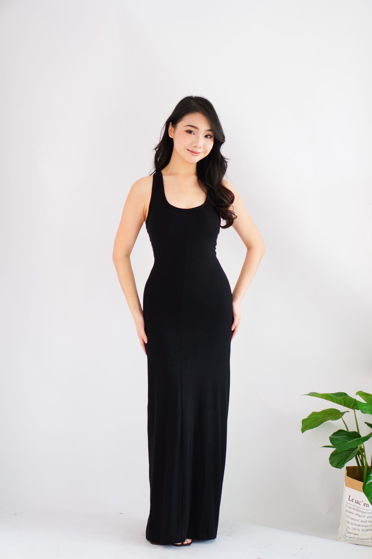 Astrid Halter Neck Bodycon Maxi Dress with Self Tied Scarf in Black