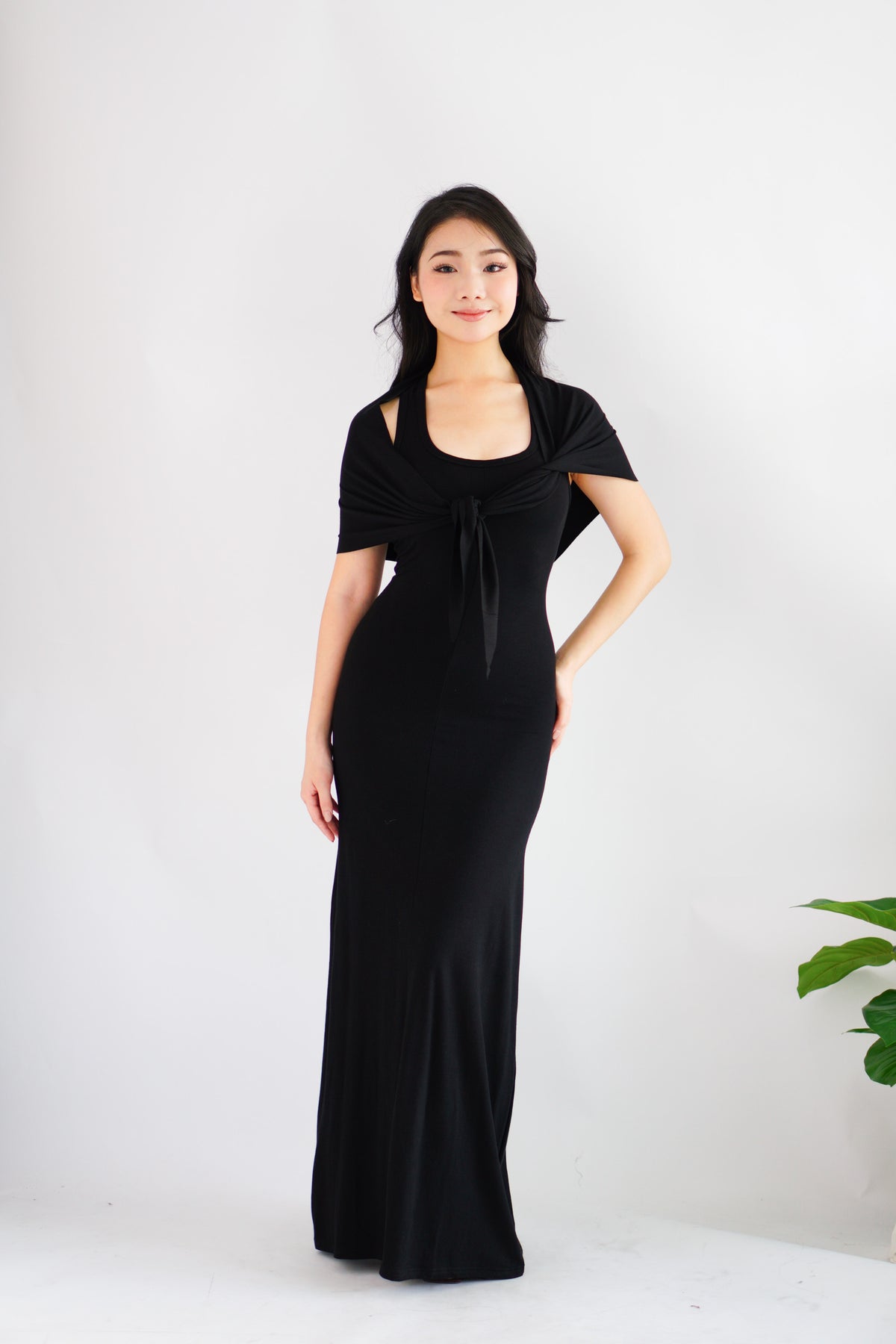 Astrid Halter Neck Bodycon Maxi Dress with Self Tied Scarf in Black
