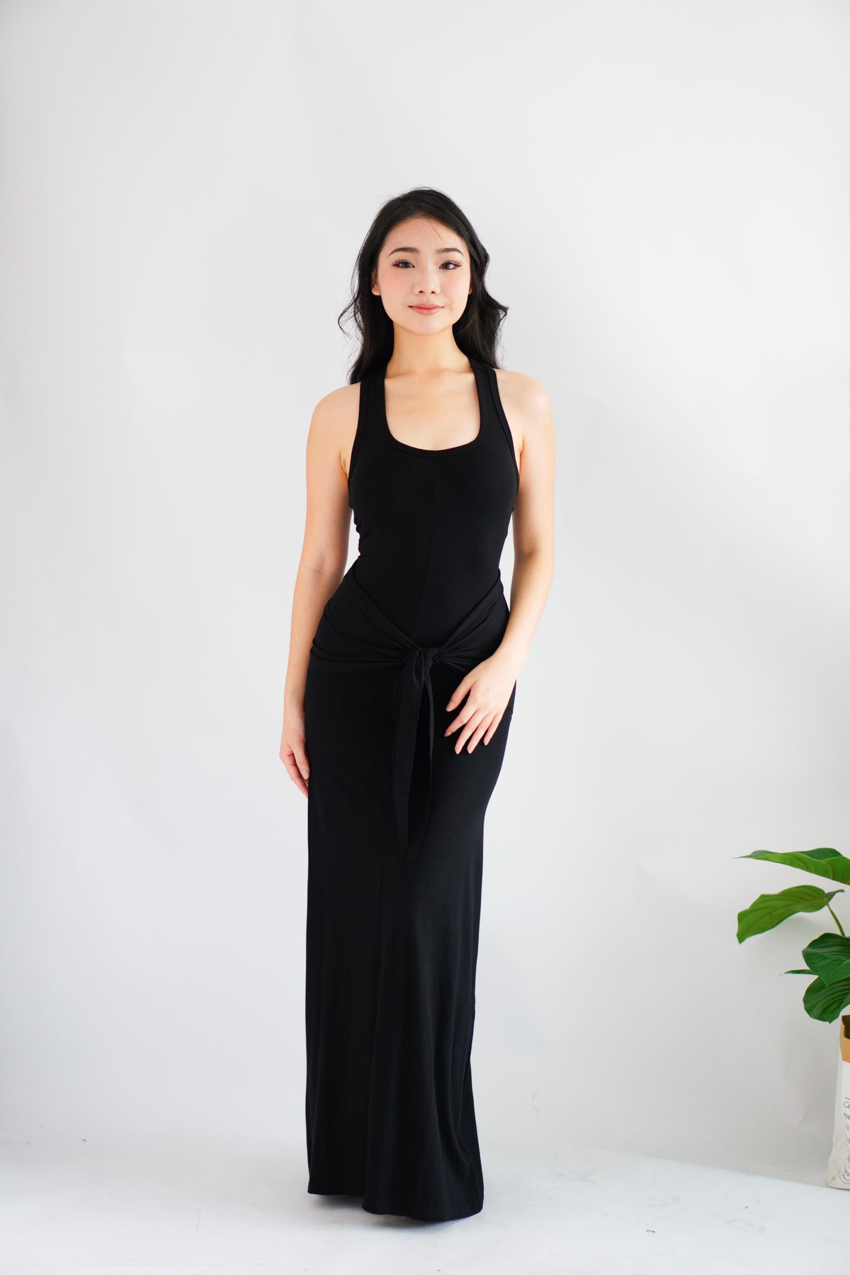 Astrid Halter Neck Bodycon Maxi Dress with Self Tied Scarf in Black