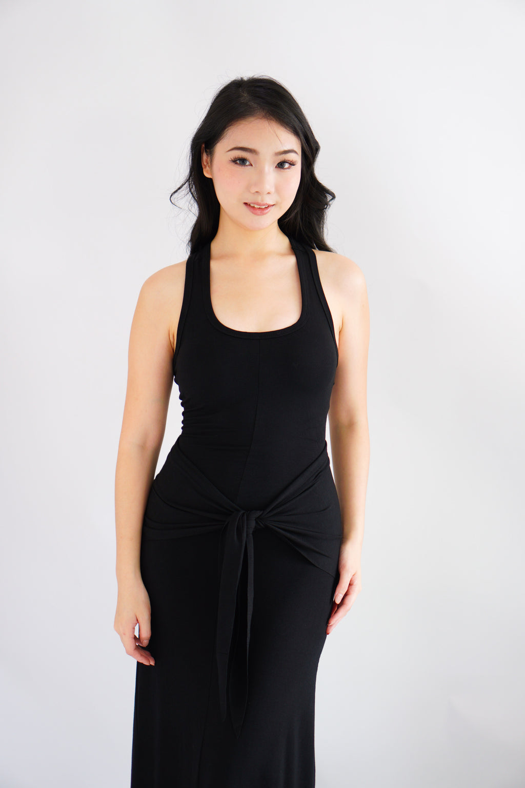 Astrid Halter Neck Bodycon Maxi Dress with Self Tied Scarf in Black