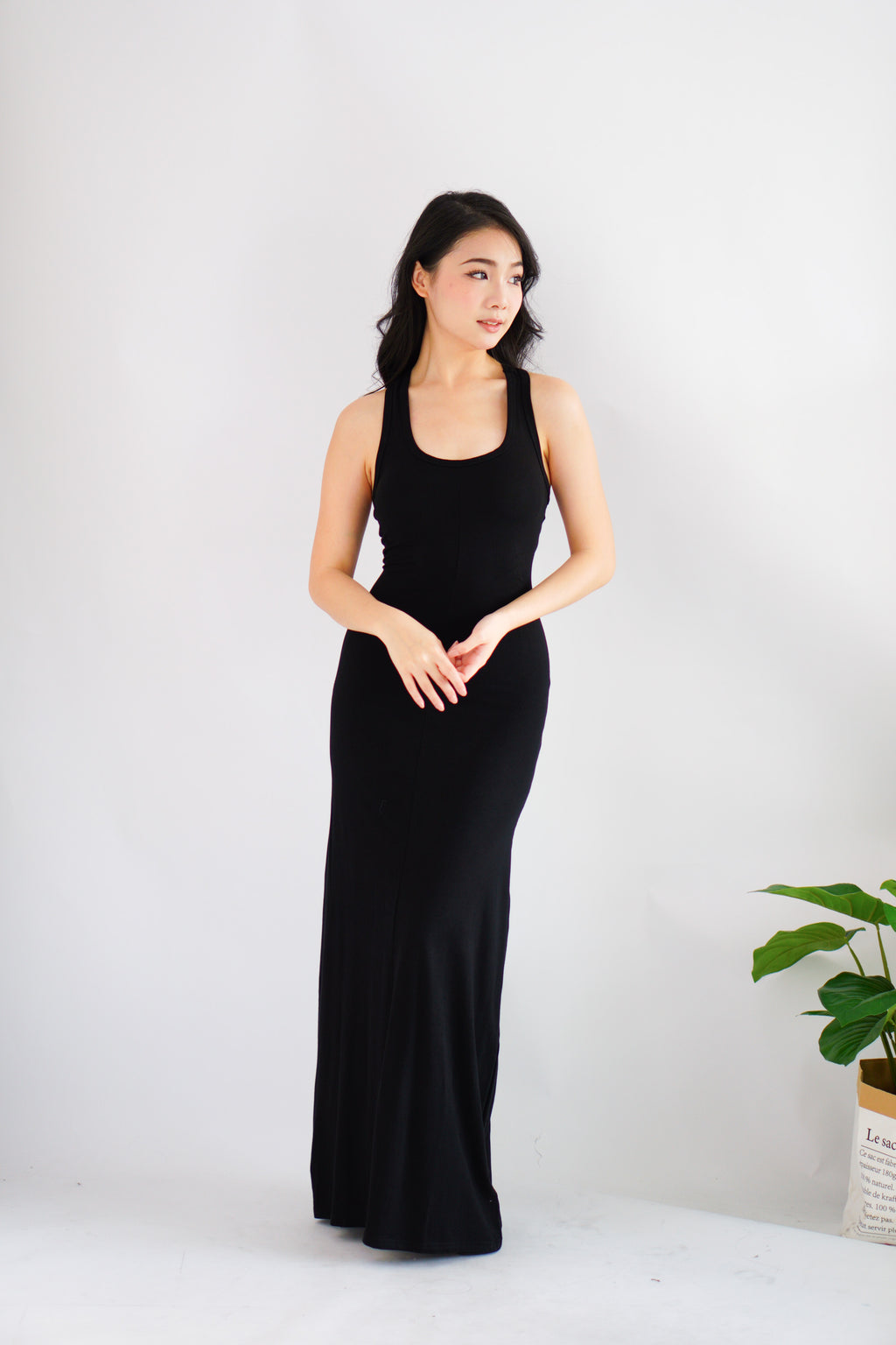 Astrid Halter Neck Bodycon Maxi Dress with Self Tied Scarf in Black
