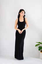 Astrid Halter Neck Bodycon Maxi Dress with Self Tied Scarf in Black