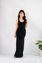 Astrid Halter Neck Bodycon Maxi Dress with Self Tied Scarf in Black