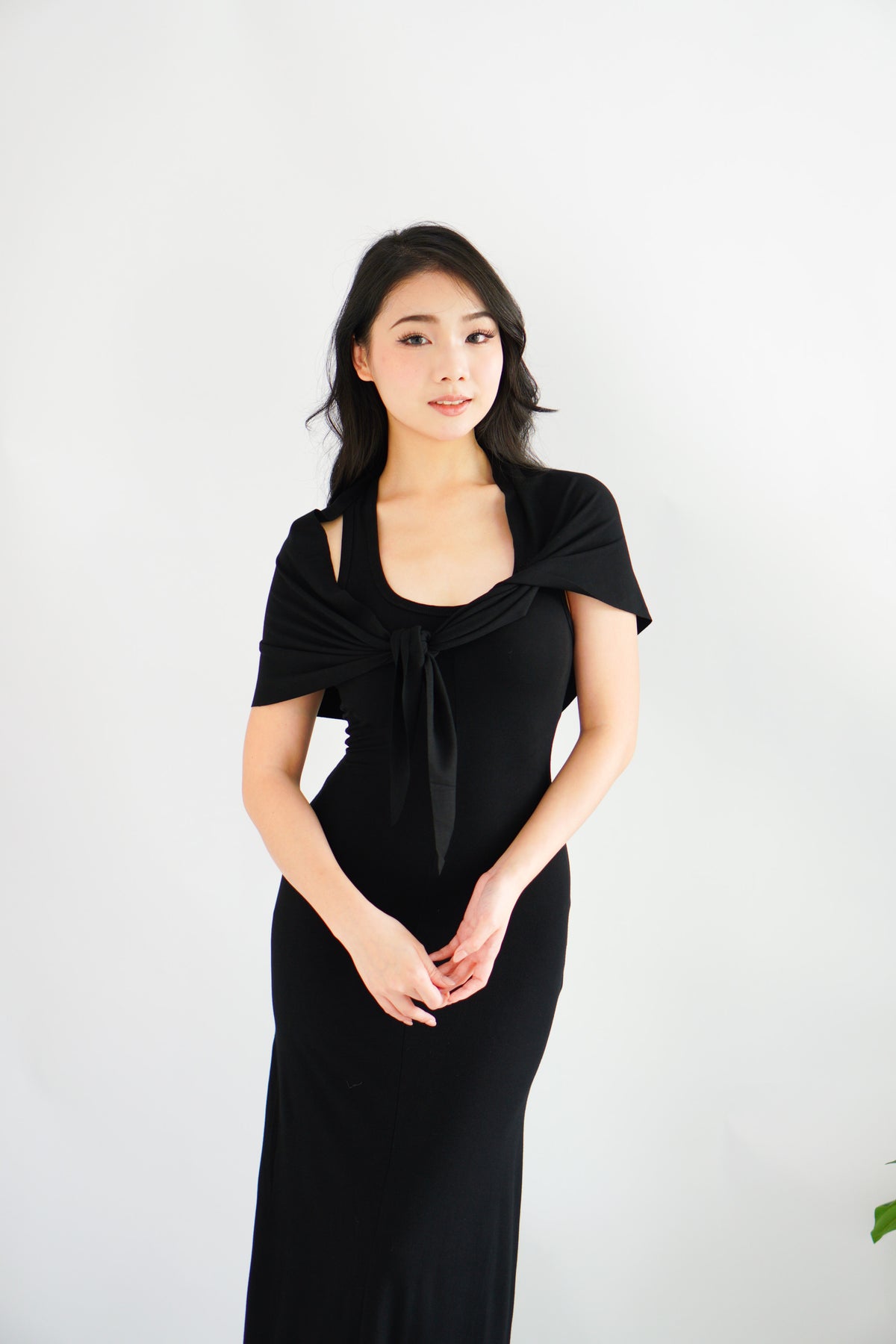 Astrid Halter Neck Bodycon Maxi Dress with Self Tied Scarf in Black