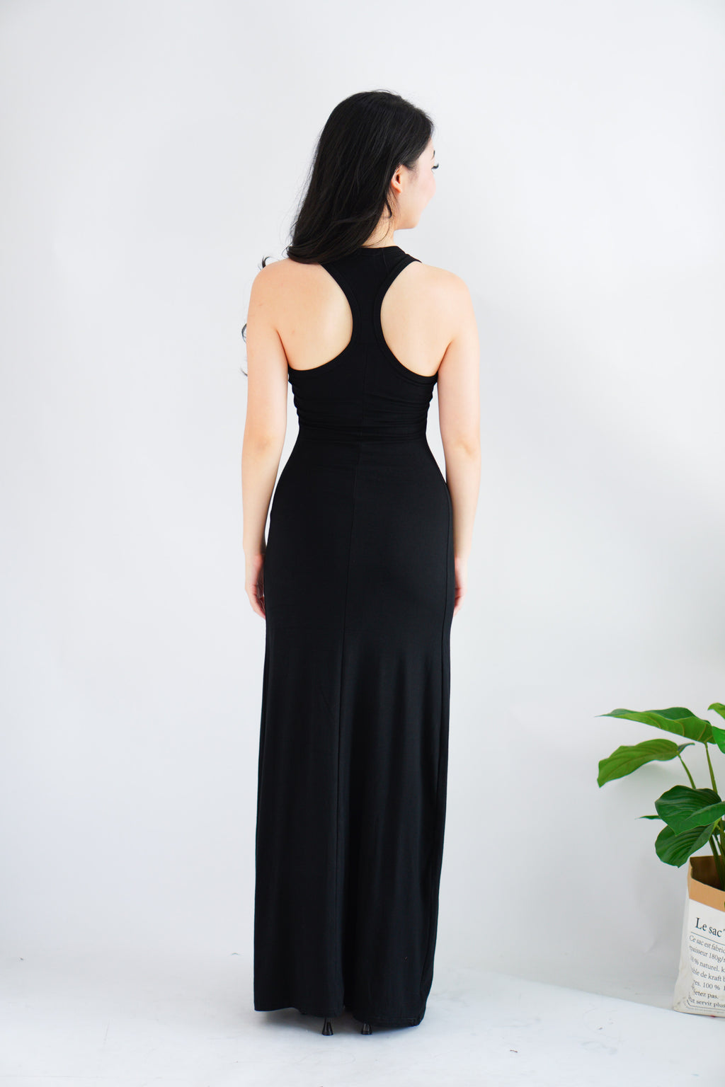 Astrid Halter Neck Bodycon Maxi Dress with Self Tied Scarf in Black