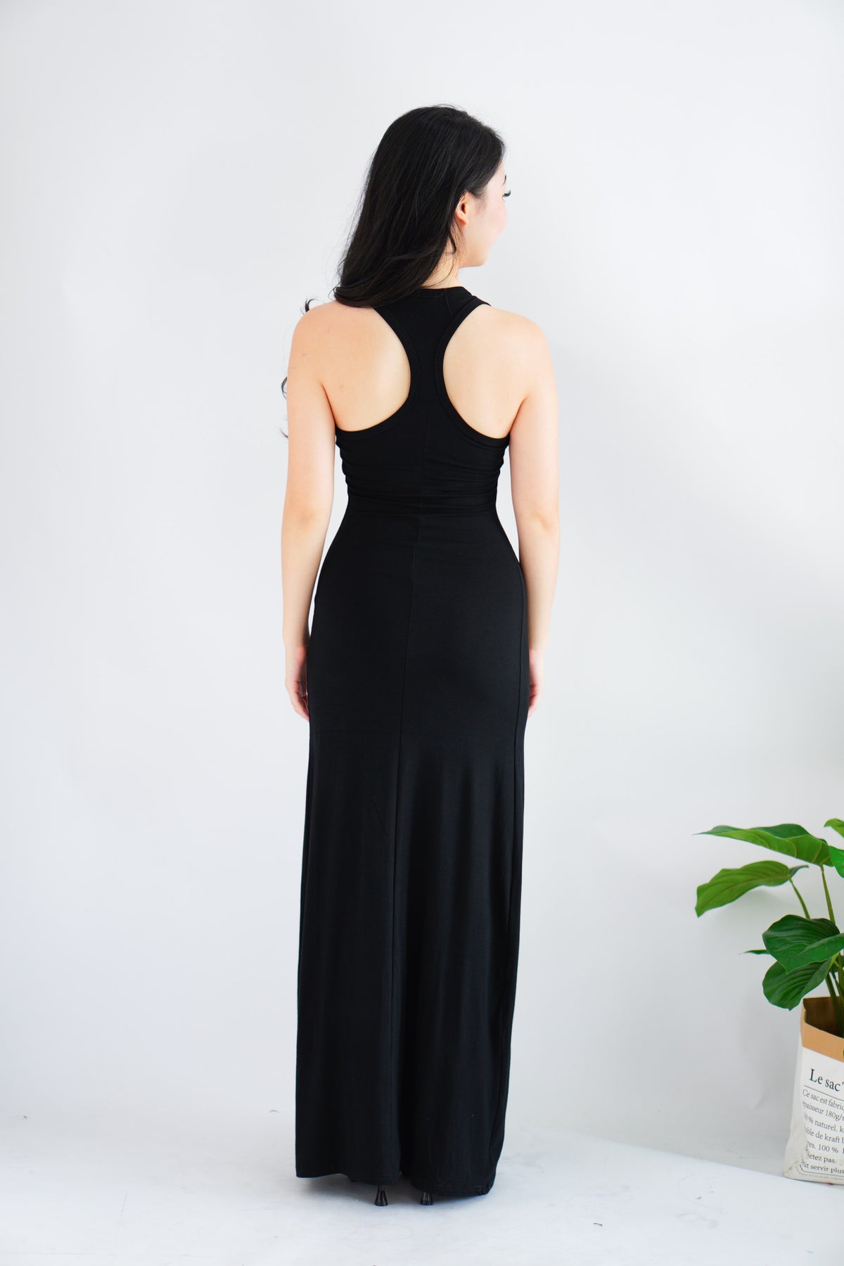 Astrid Halter Neck Bodycon Maxi Dress with Self Tied Scarf in Black