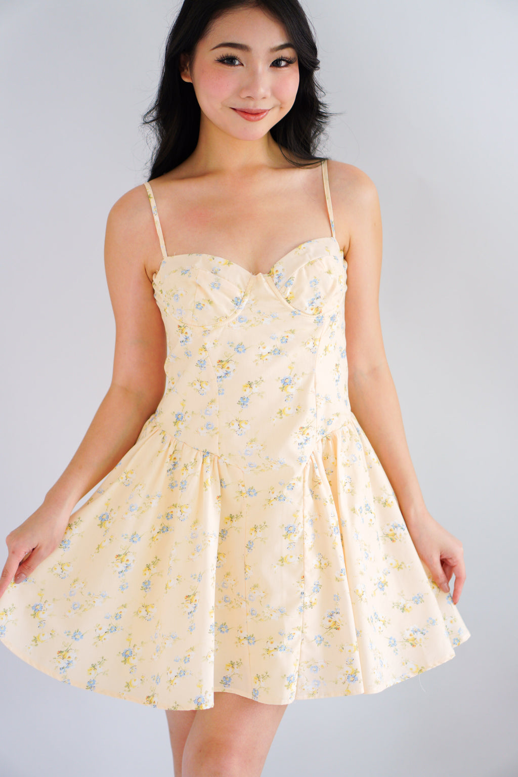 Sophissa Floral Bustier Mini Dress in Yellow