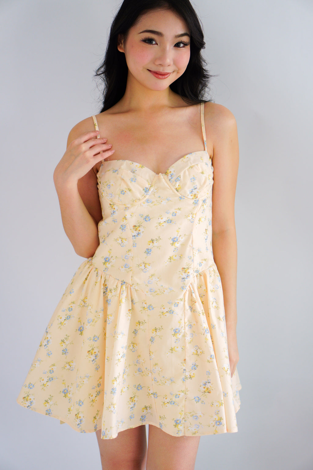 Sophissa Floral Bustier Mini Dress in Yellow