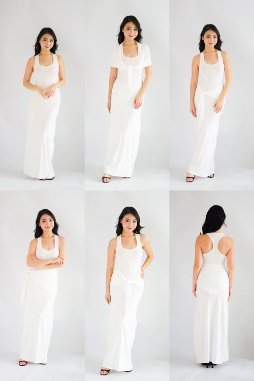 Astrid Halter Neck Bodycon Maxi Dress with Self Tied Scarf in White