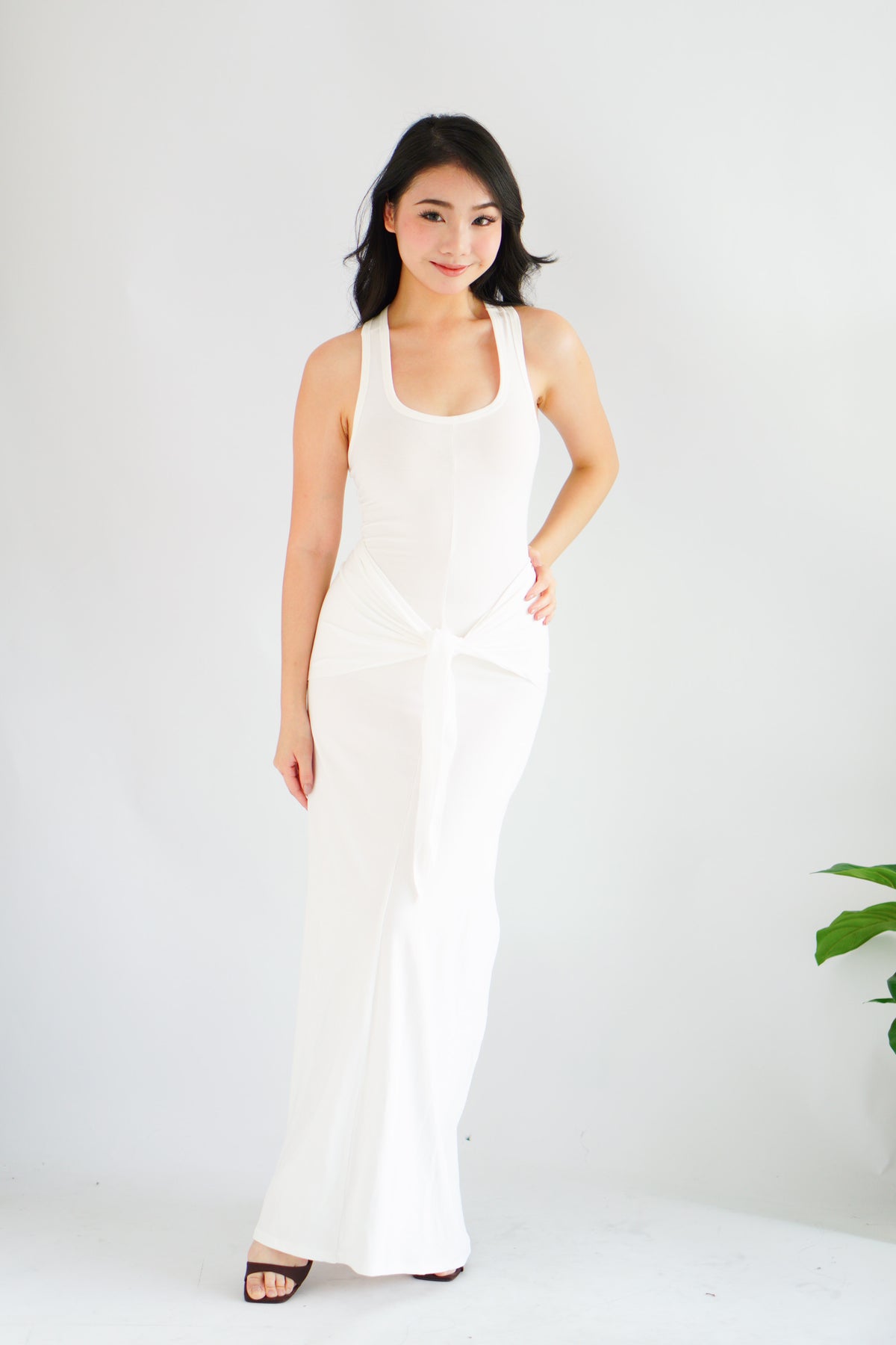 Astrid Halter Neck Bodycon Maxi Dress with Self Tied Scarf in White