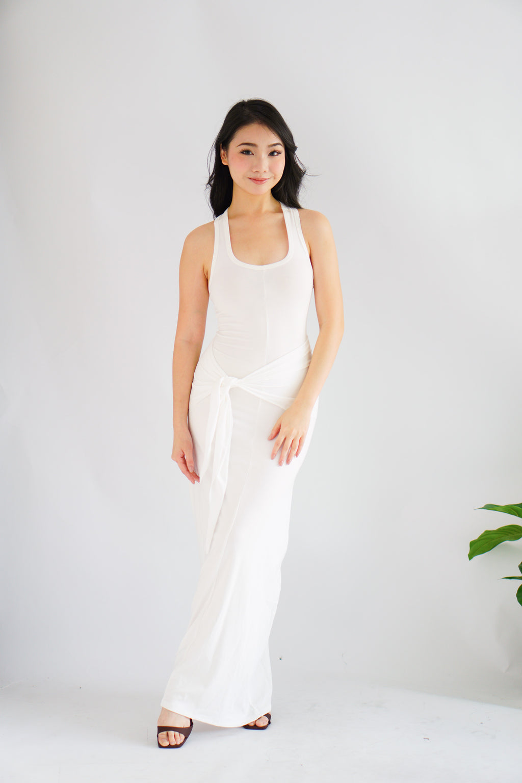 Astrid Halter Neck Bodycon Maxi Dress with Self Tied Scarf in White