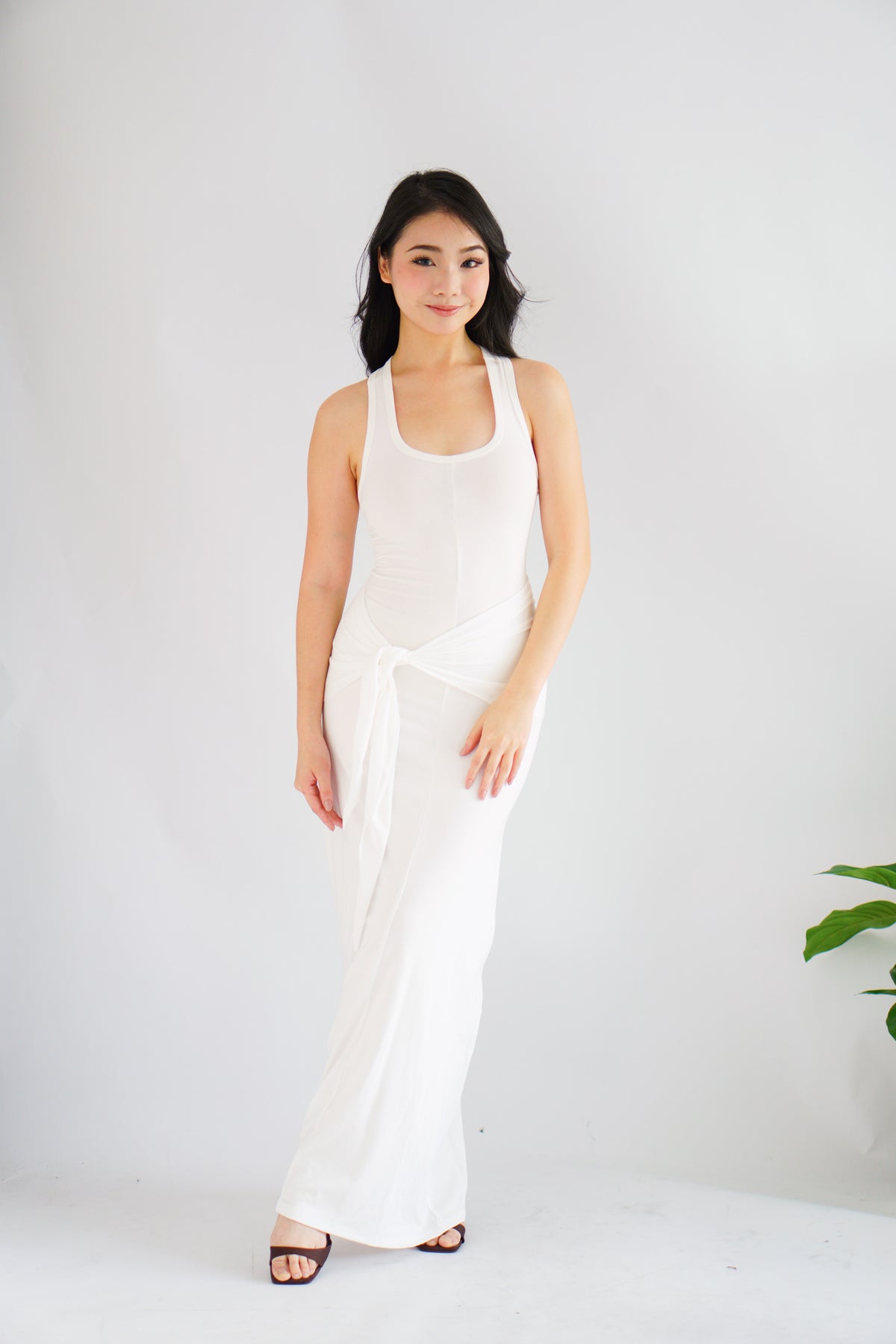 Astrid Halter Neck Bodycon Maxi Dress with Self Tied Scarf in White