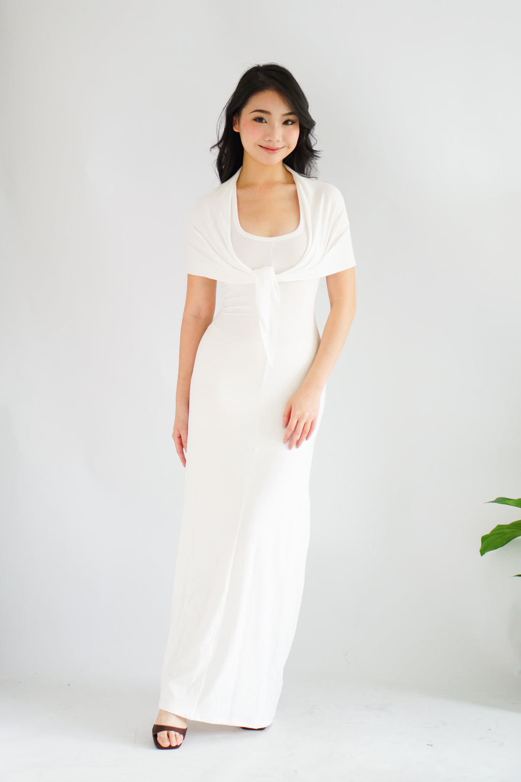 Astrid Halter Neck Bodycon Maxi Dress with Self Tied Scarf in White