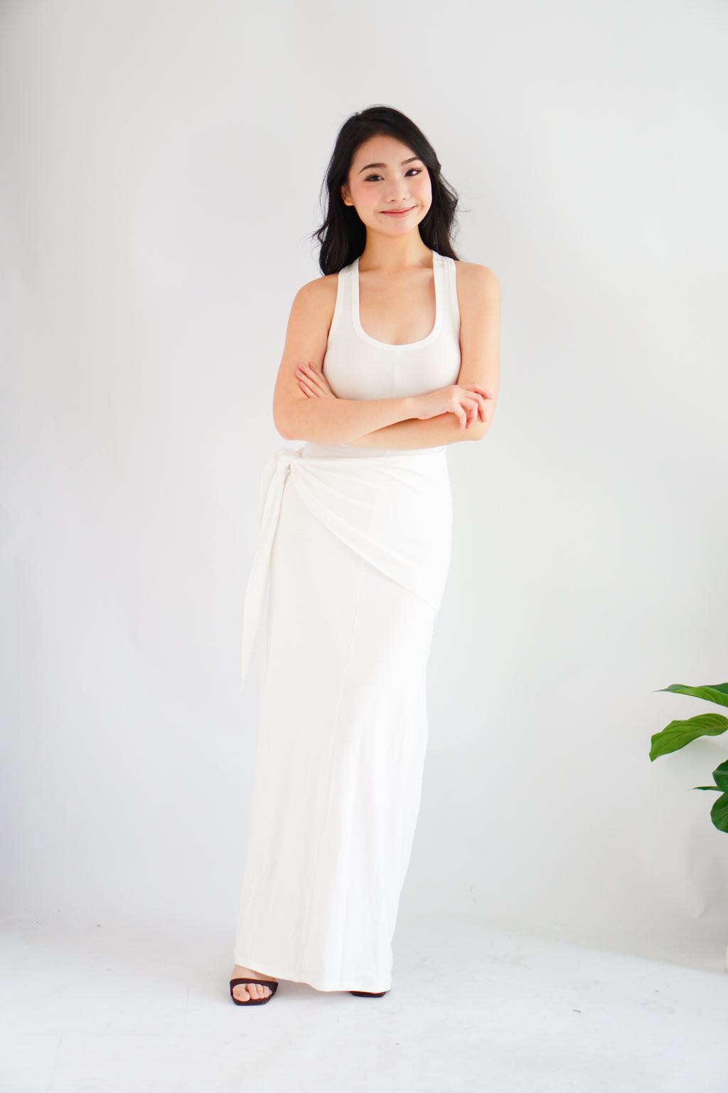 Astrid Halter Neck Bodycon Maxi Dress with Self Tied Scarf in White