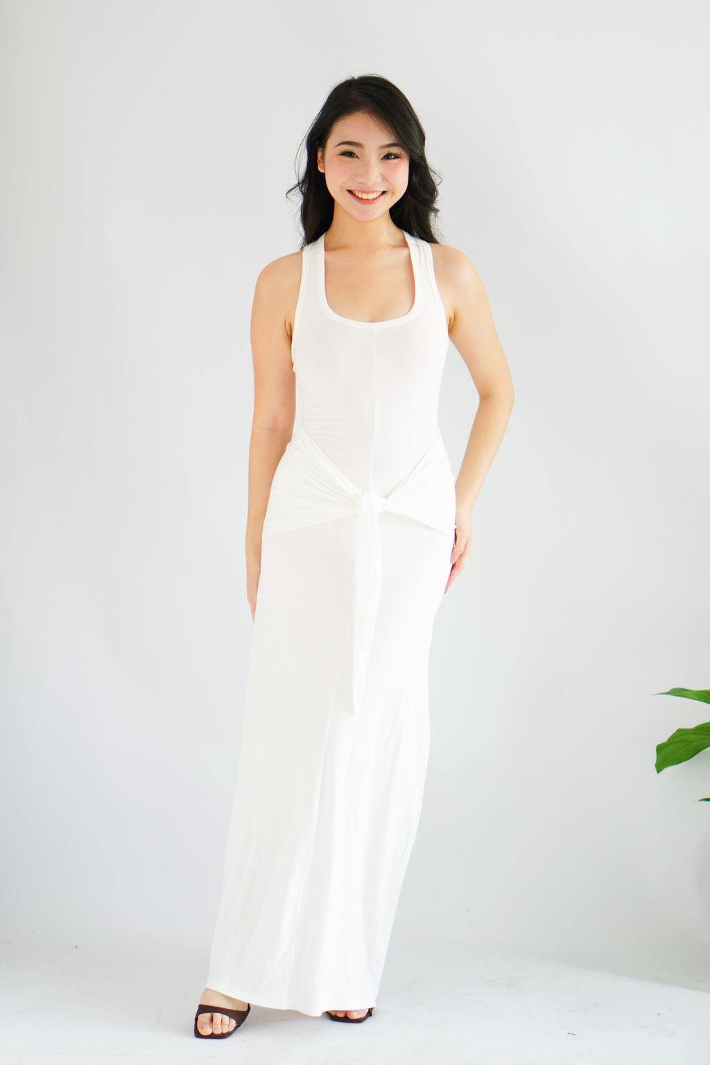 Astrid Halter Neck Bodycon Maxi Dress with Self Tied Scarf in White