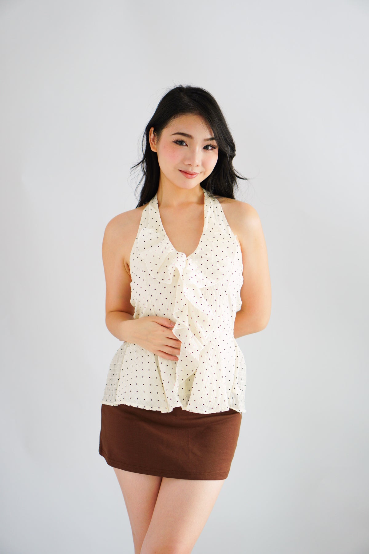 (BACKORDER) Tixi Polkadot Halter Neck Top with Ruffles in Cream