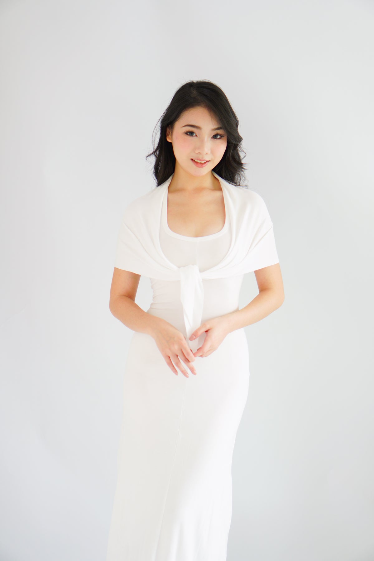 Astrid Halter Neck Bodycon Maxi Dress with Self Tied Scarf in White