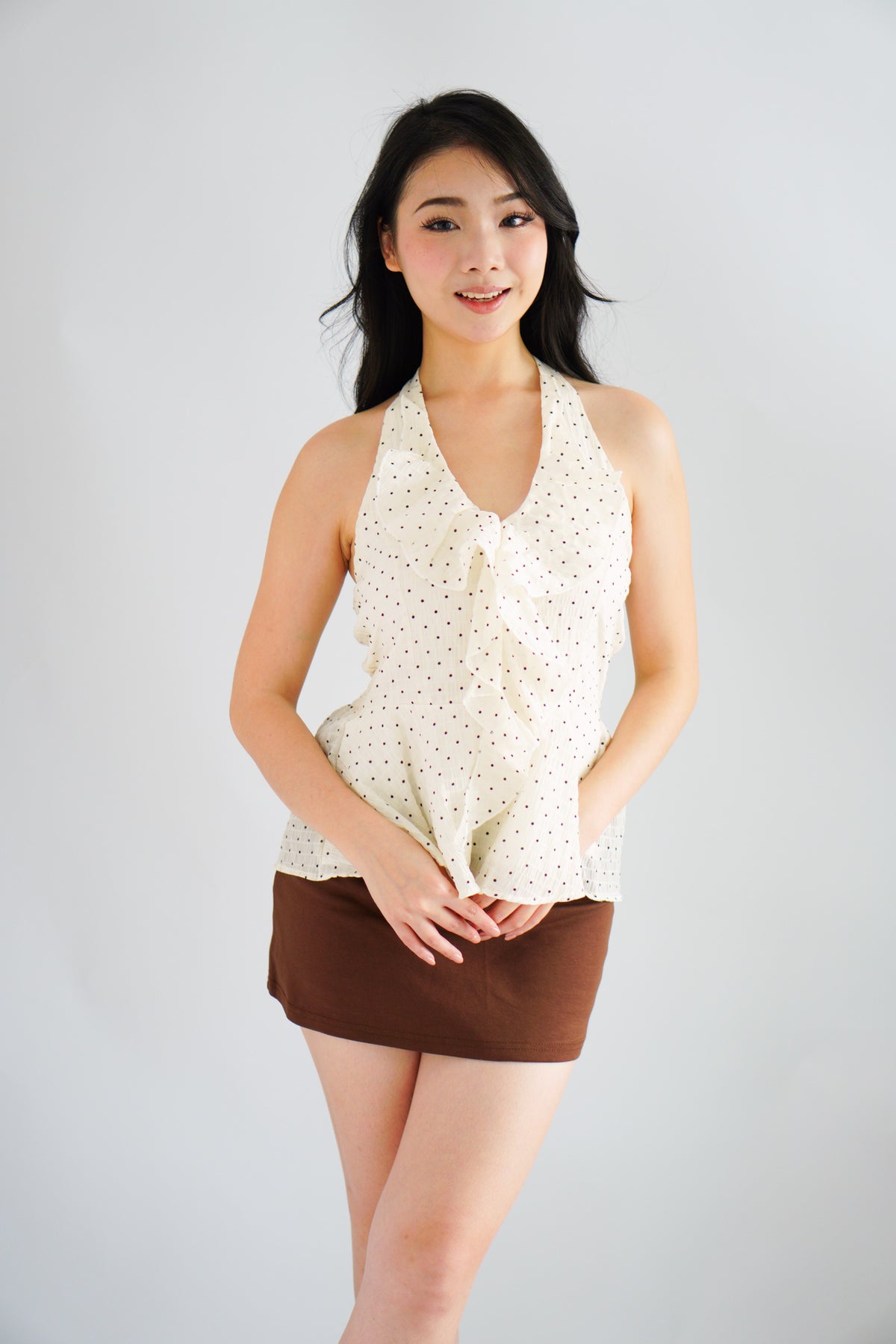 (BACKORDER) Tixi Polkadot Halter Neck Top with Ruffles in Cream