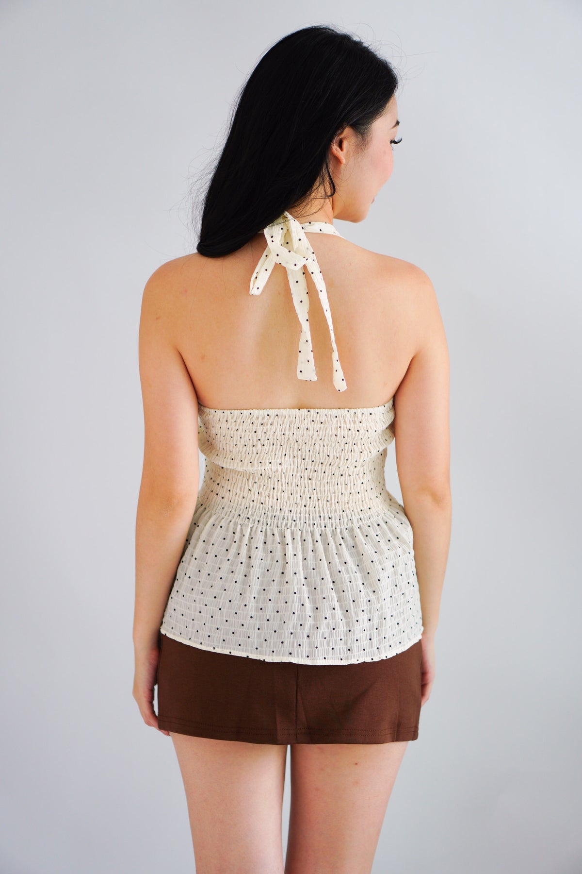 (BACKORDER) Tixi Polkadot Halter Neck Top with Ruffles in Cream