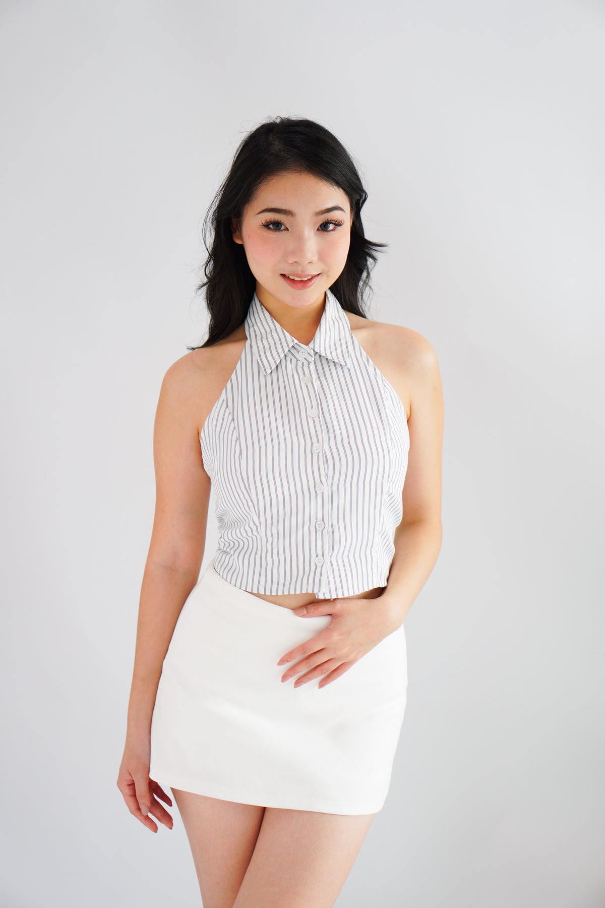 Simone Stripes Collar Halter Neck Button Down Top