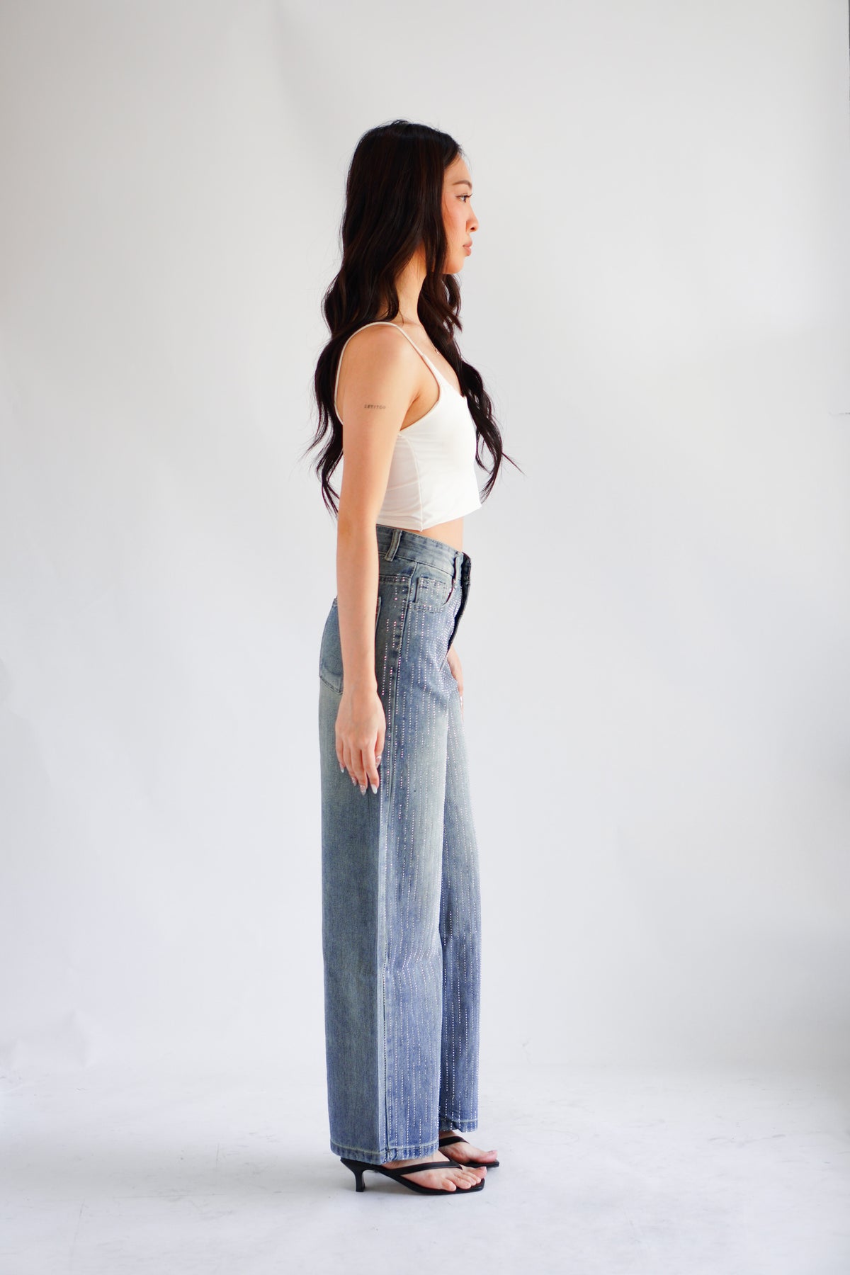 Lumi Wide Legged Embellished Jeans in Dark Blue