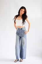 Lumi Wide Legged Embellished Jeans in Dark Blue