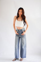 Lumi Wide Legged Embellished Jeans in Dark Blue
