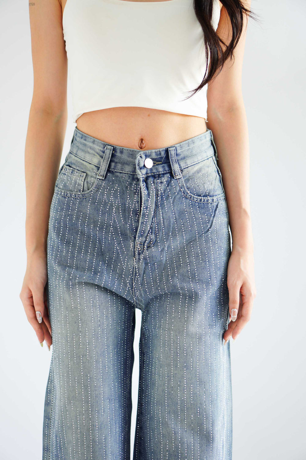 Lumi Wide Legged Embellished Jeans in Dark Blue