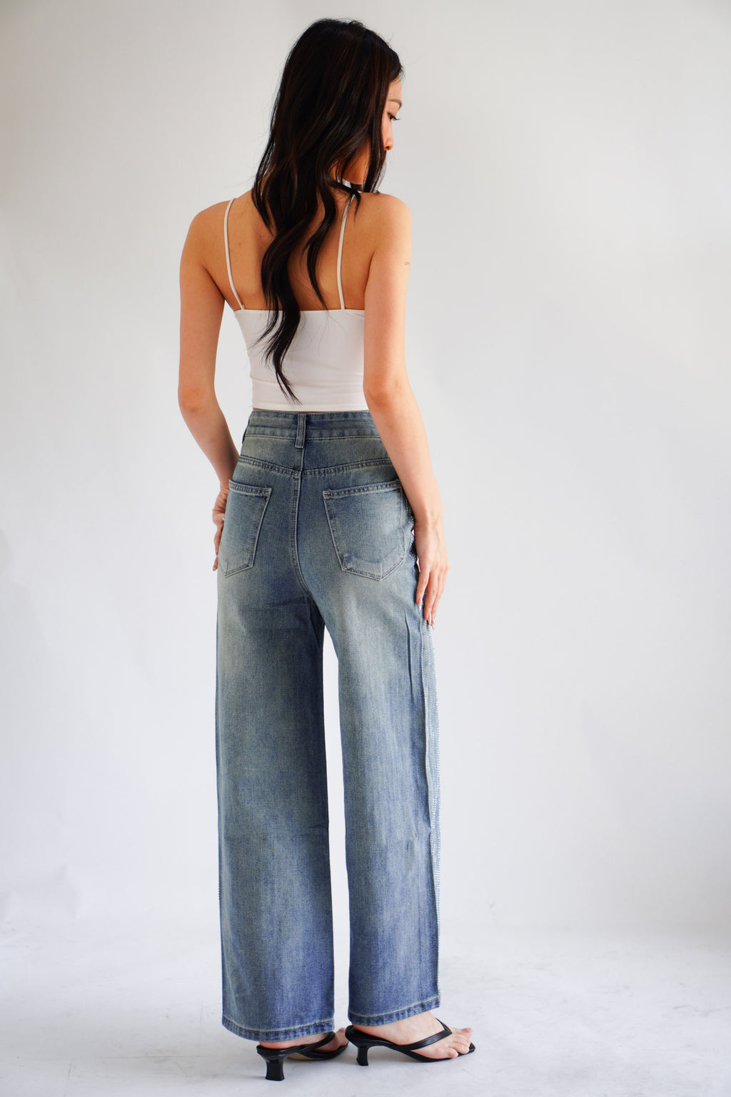 Lumi Wide Legged Embellished Jeans in Dark Blue