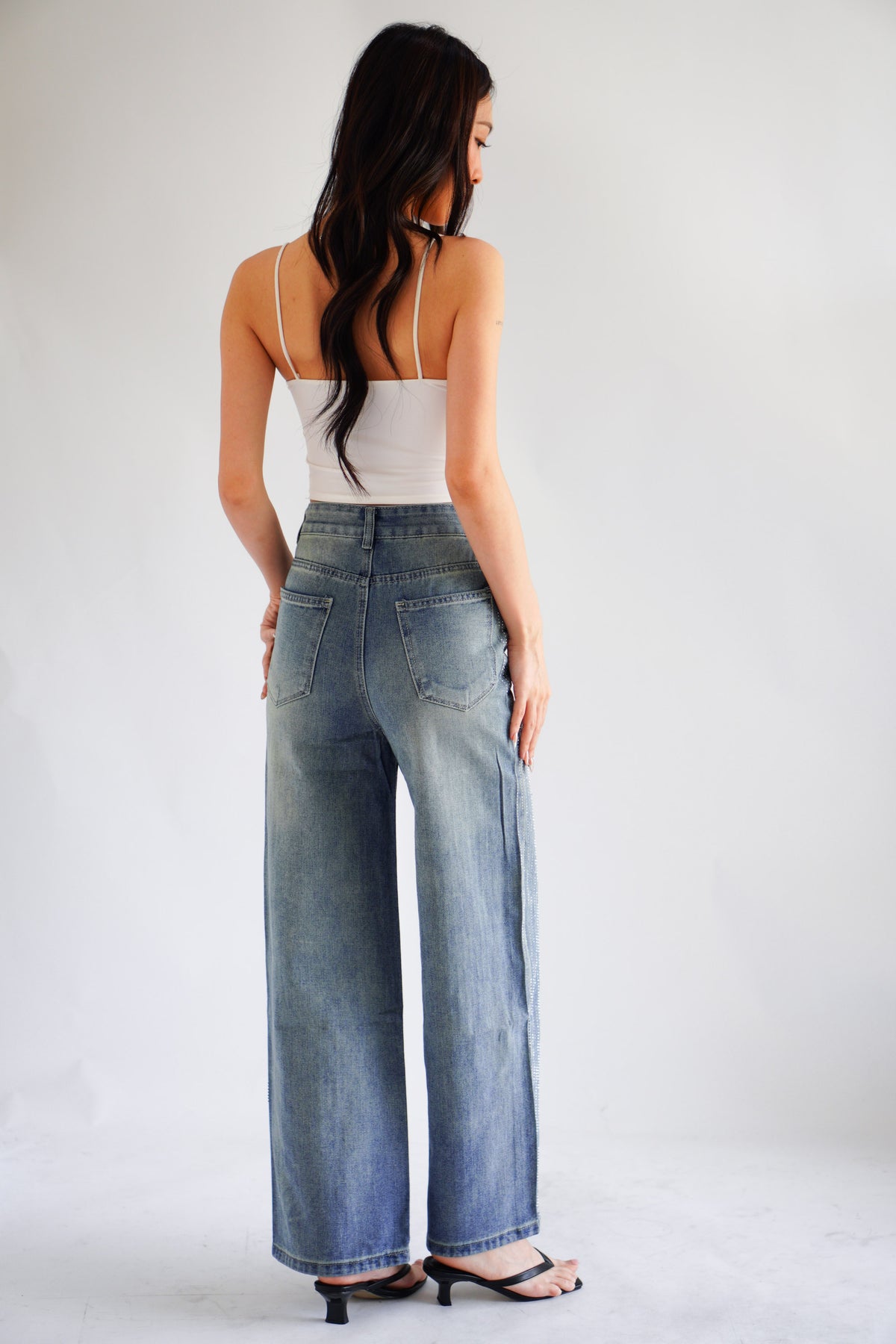 Lumi Wide Legged Embellished Jeans in Dark Blue