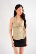 Samira Self Wrap Halter Neck Top in Green Khaki