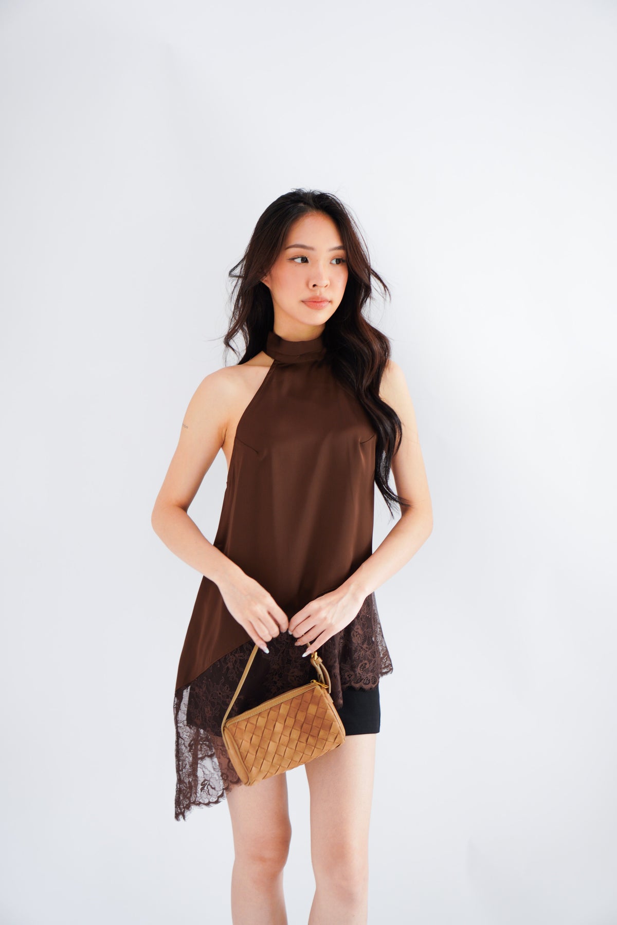(BACKORDER) Gloria Halter Neck Lace Satin Top in Brown