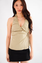 Samira Self Wrap Halter Neck Top in Green Khaki