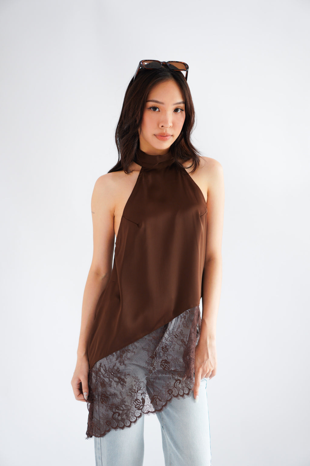 (BACKORDER) Gloria Halter Neck Lace Satin Top in Brown