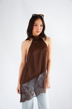(BACKORDER) Gloria Halter Neck Lace Satin Top in Brown