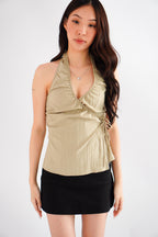 Samira Self Wrap Halter Neck Top in Green Khaki