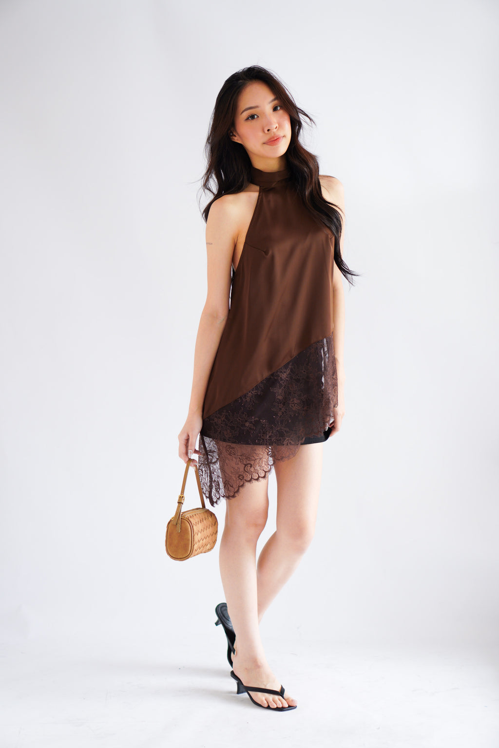 (BACKORDER) Gloria Halter Neck Lace Satin Top in Brown