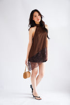 (BACKORDER) Gloria Halter Neck Lace Satin Top in Brown