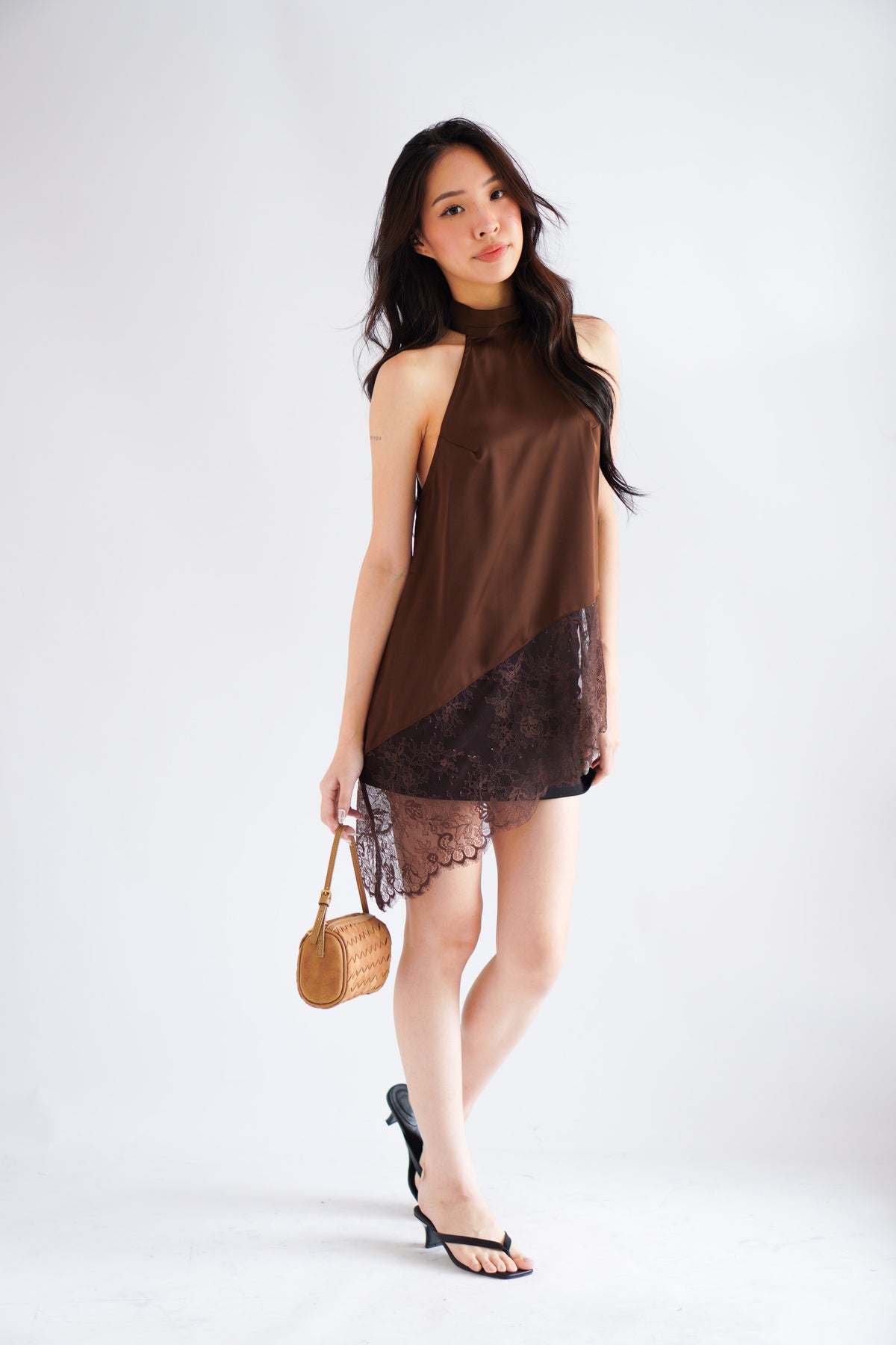(BACKORDER) Gloria Halter Neck Lace Satin Top in Brown