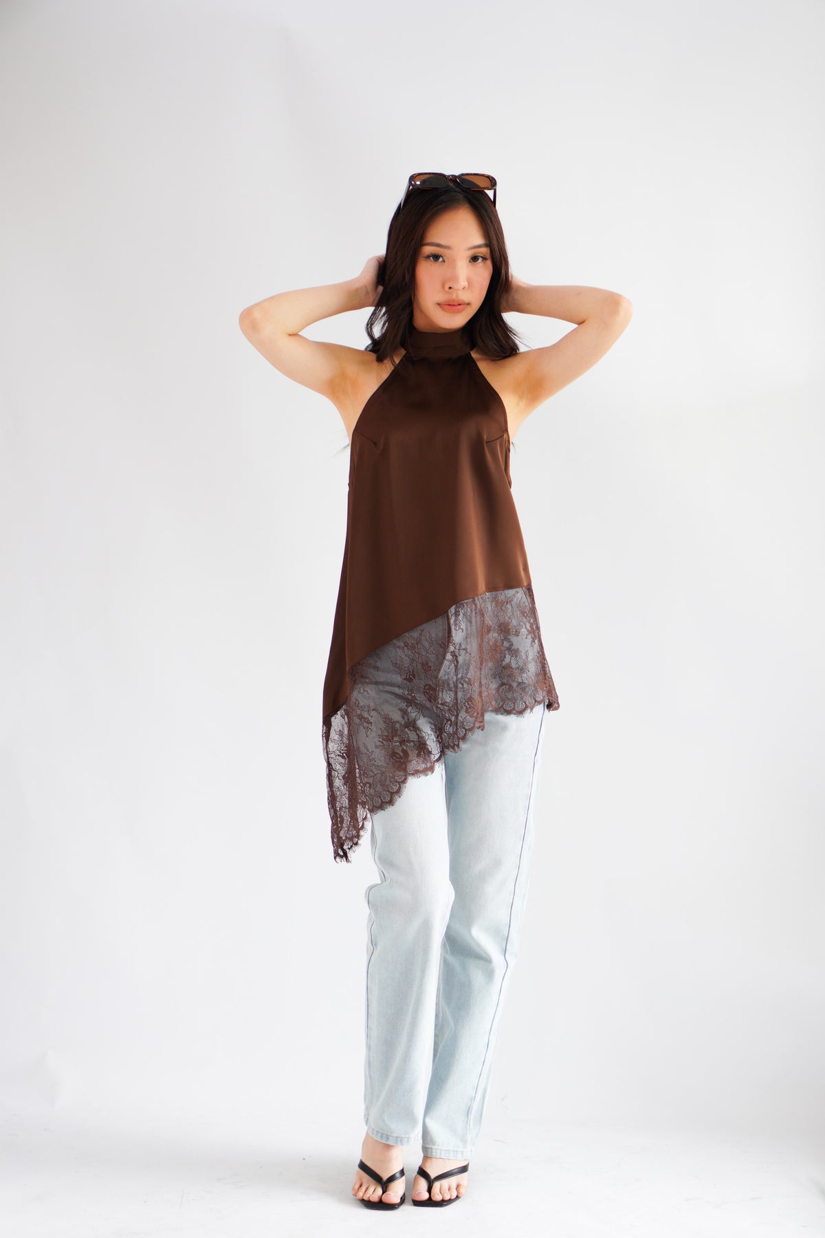 (BACKORDER) Gloria Halter Neck Lace Satin Top in Brown