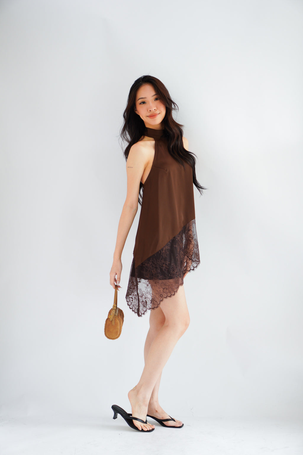 (BACKORDER) Gloria Halter Neck Lace Satin Top in Brown
