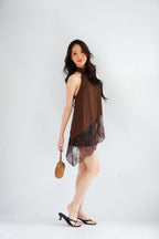 (BACKORDER) Gloria Halter Neck Lace Satin Top in Brown