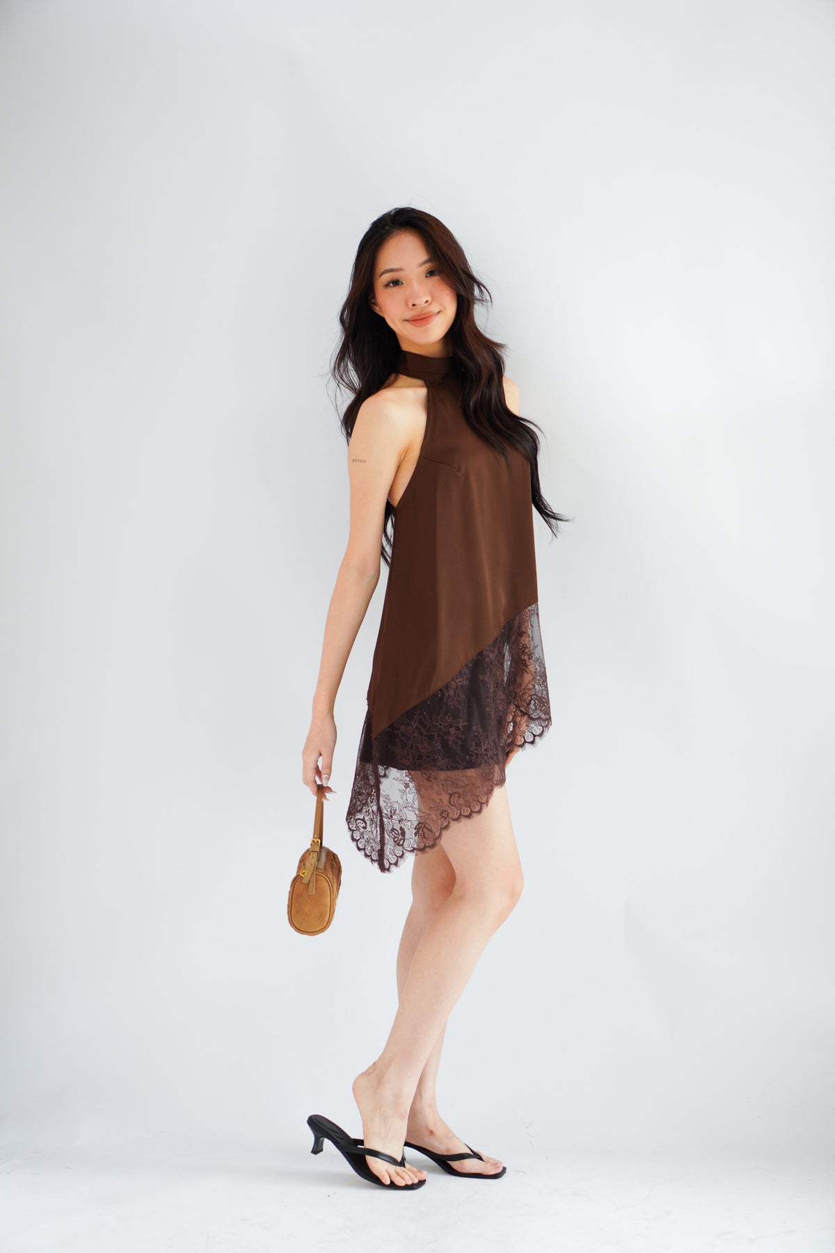 (BACKORDER) Gloria Halter Neck Lace Satin Top in Brown