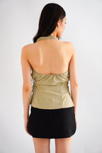 Samira Self Wrap Halter Neck Top in Green Khaki