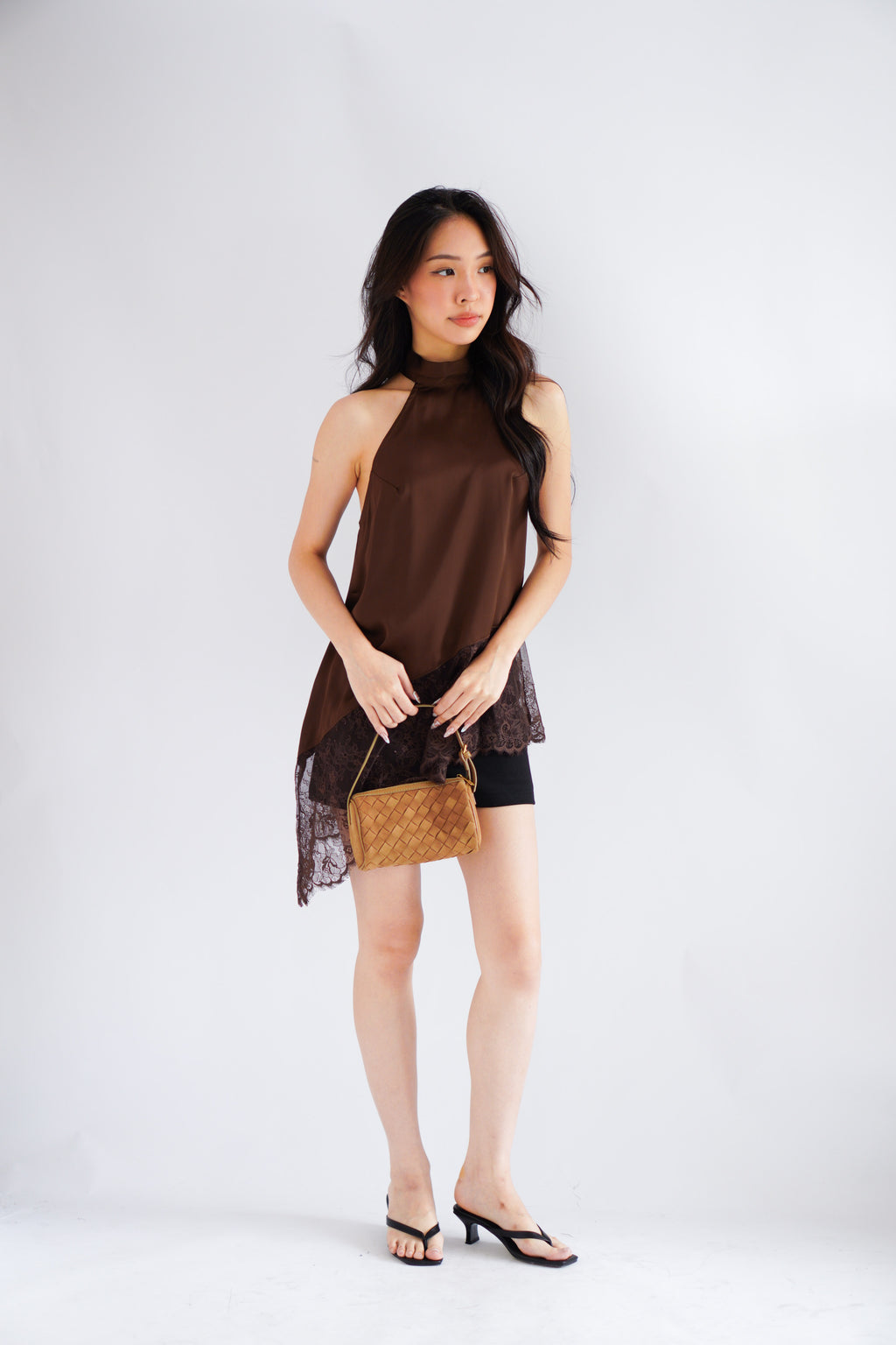 (BACKORDER) Gloria Halter Neck Lace Satin Top in Brown
