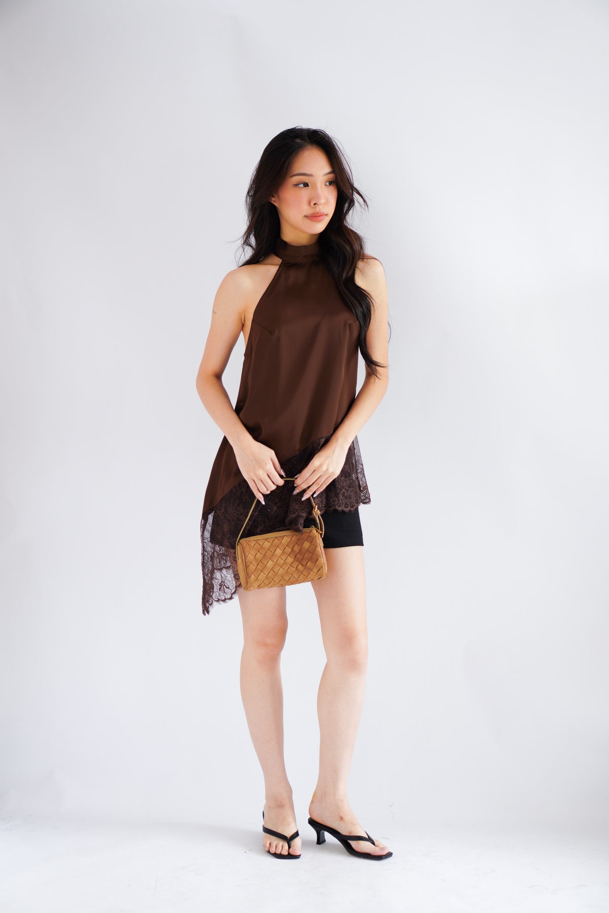 (BACKORDER) Gloria Halter Neck Lace Satin Top in Brown